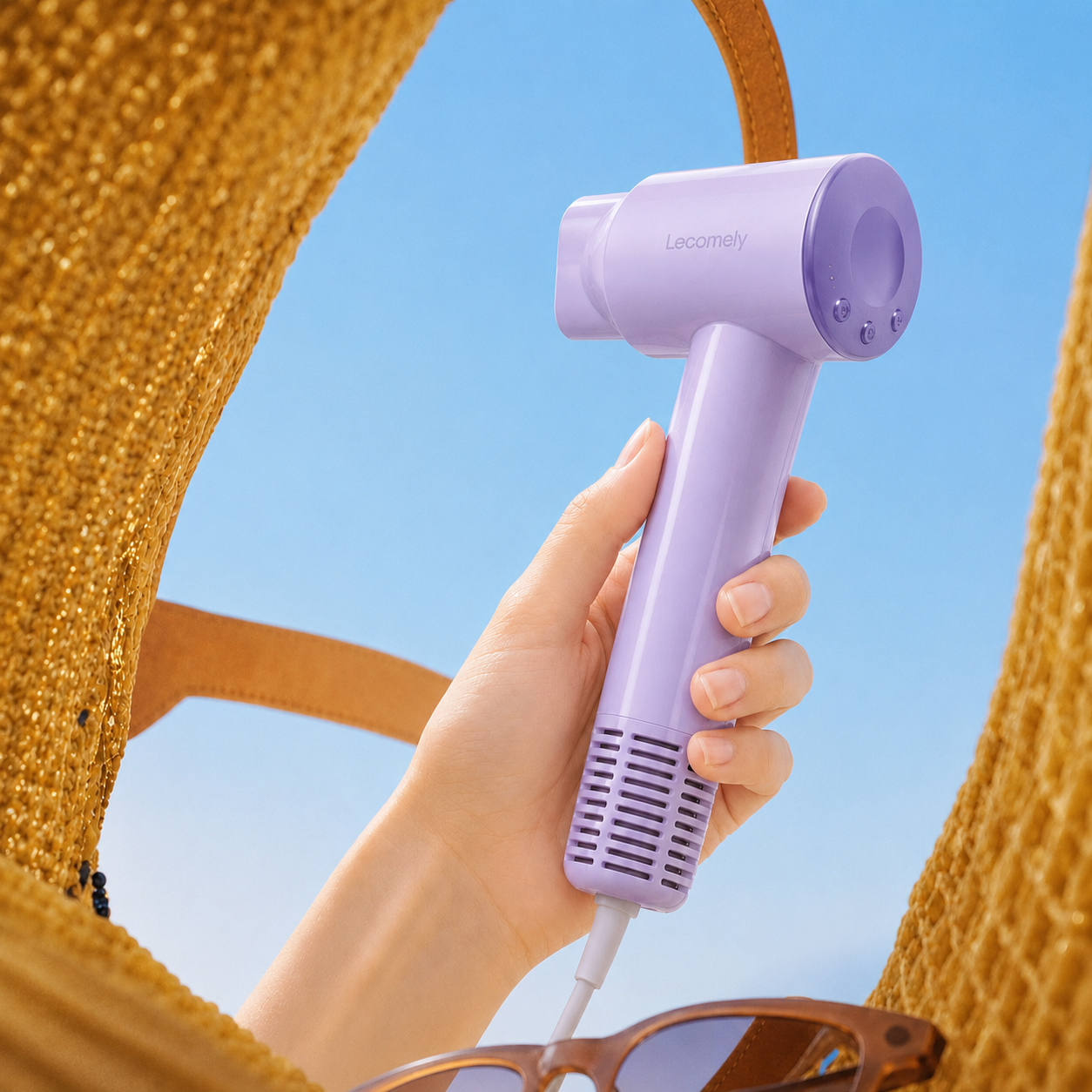 Lecomely SilkEra S4AT travel hair dryer in a summer travel setup